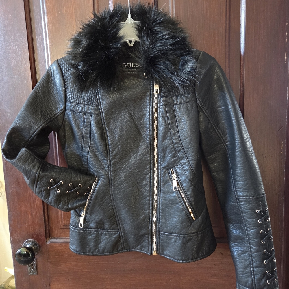 GUESS Women's Black Moto Jacket With Removable Fur Collar